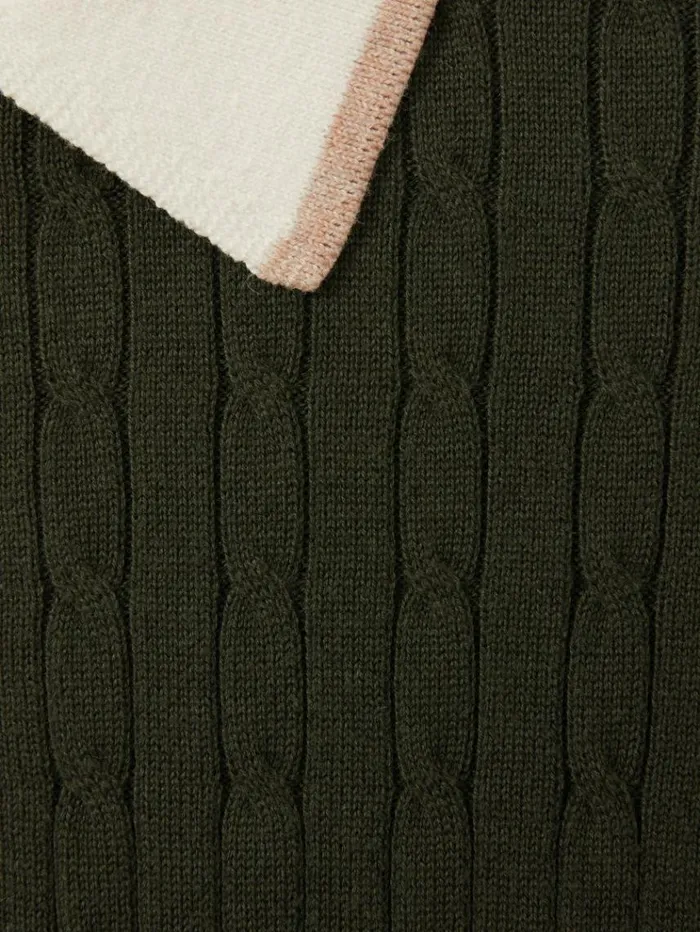 REISS Sweaters Men Cotton Blend Cable Knit Half Zip Polo Shirt Khaki Greenoff Whitecamel