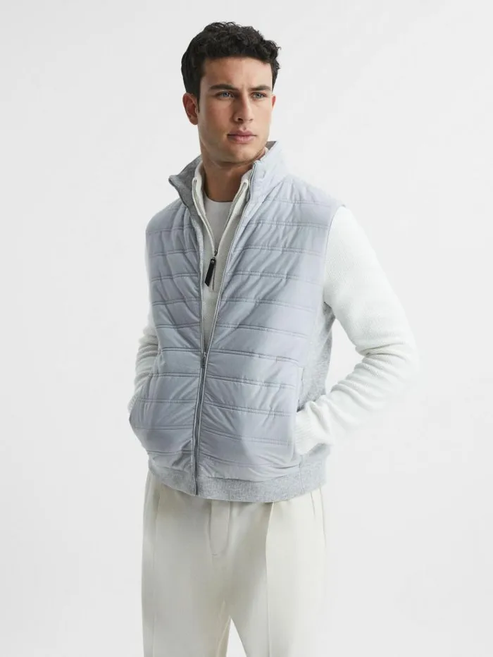 REISS Sweaters Men Hybrid Quilt And Knit ZipThrough Gilet Soft Grey