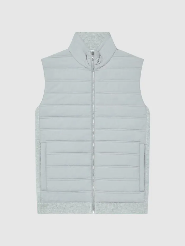 REISS Sweaters Men Hybrid Quilt And Knit ZipThrough Gilet Soft Grey