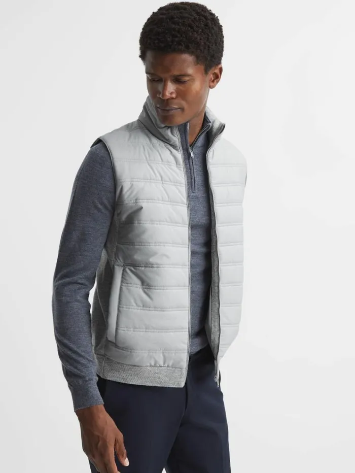 REISS Sweaters Men Hybrid Quilt And Knit ZipThrough Gilet Soft Grey