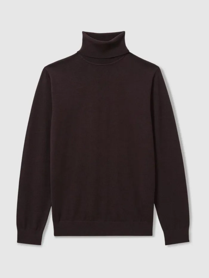 REISS Sweaters Men Merino Roll Neck Jumper Dark Bordeaux