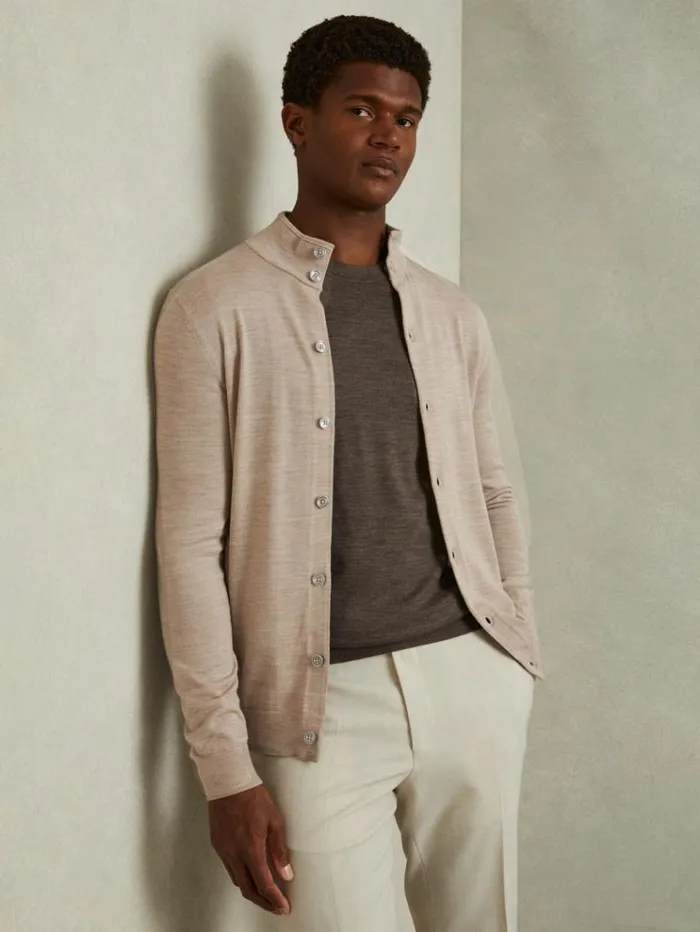 REISS Sweaters Men Merino Wool ButtonThrough Funnel Neck Cardigan Wheat Melange REISS Sweaters Men Merino Wool ButtonThrough Funnel Neck Cardigan Wheat Melange