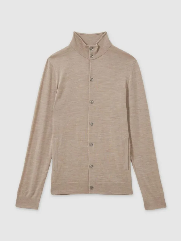 REISS Sweaters Men Merino Wool ButtonThrough Funnel Neck Cardigan Wheat Melange