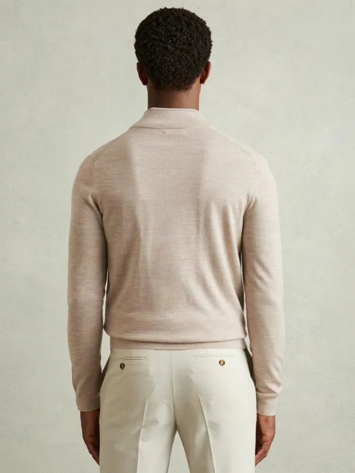 REISS Sweaters Men Merino Wool ButtonThrough Funnel Neck Cardigan Wheat Melange