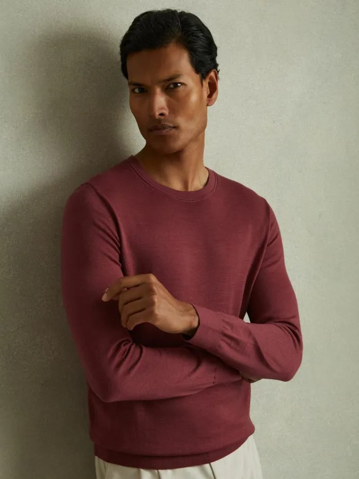 REISS Sweaters Men Merino Wool Crew Neck Jumper Cherry Pink
