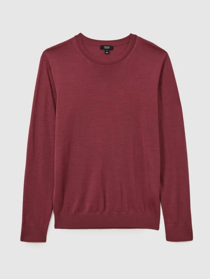 REISS Sweaters Men Merino Wool Crew Neck Jumper Cherry Pink
