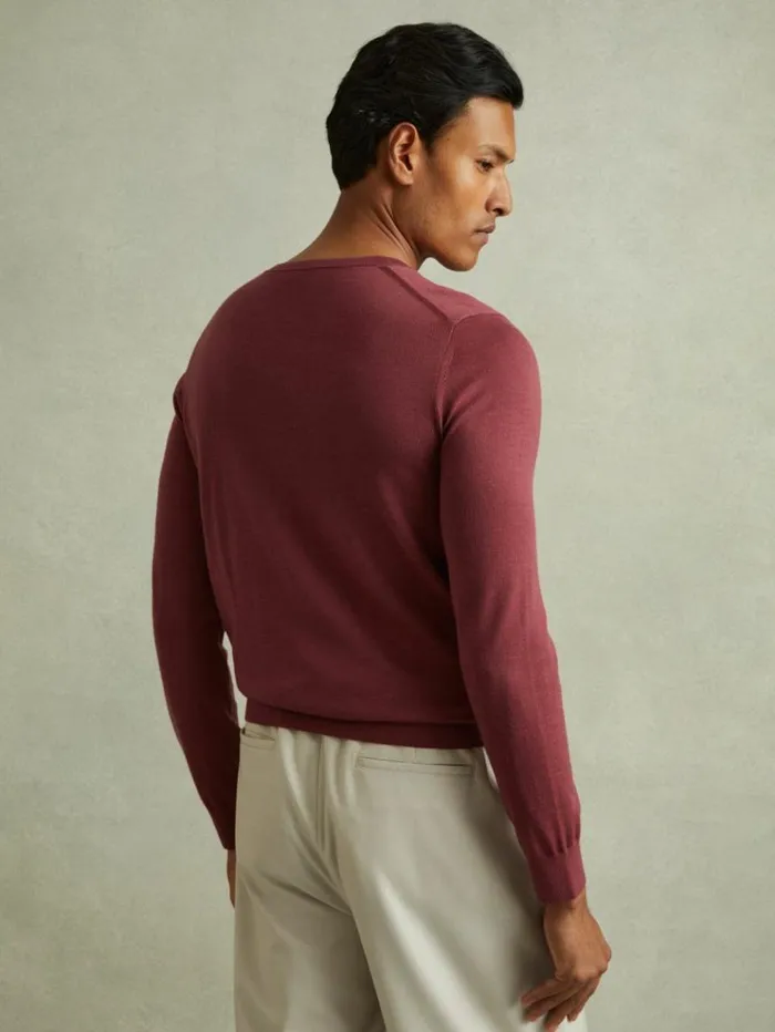 REISS Sweaters Men Merino Wool Crew Neck Jumper Cherry Pink