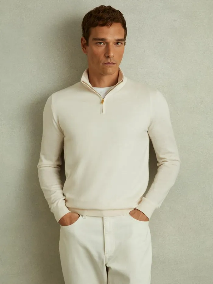 REISS Sweaters Men Merino Wool HalfZip Funnel Neck Jumper Snow