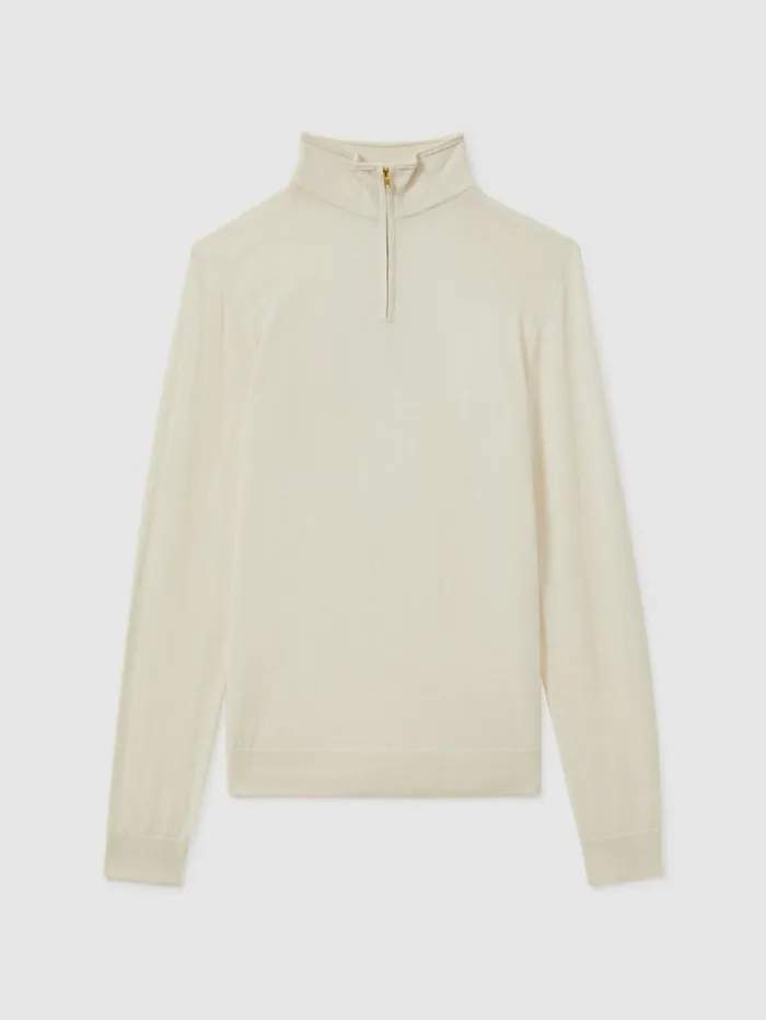 REISS Sweaters Men Merino Wool HalfZip Funnel Neck Jumper Snow