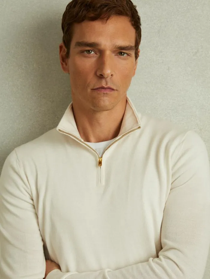 REISS Sweaters Men Merino Wool HalfZip Funnel Neck Jumper Snow