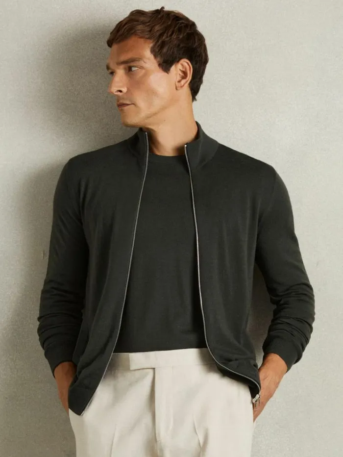 REISS Sweaters Men Merino Wool ZipThrough FunnelNeck Cardigan Dark Military Green