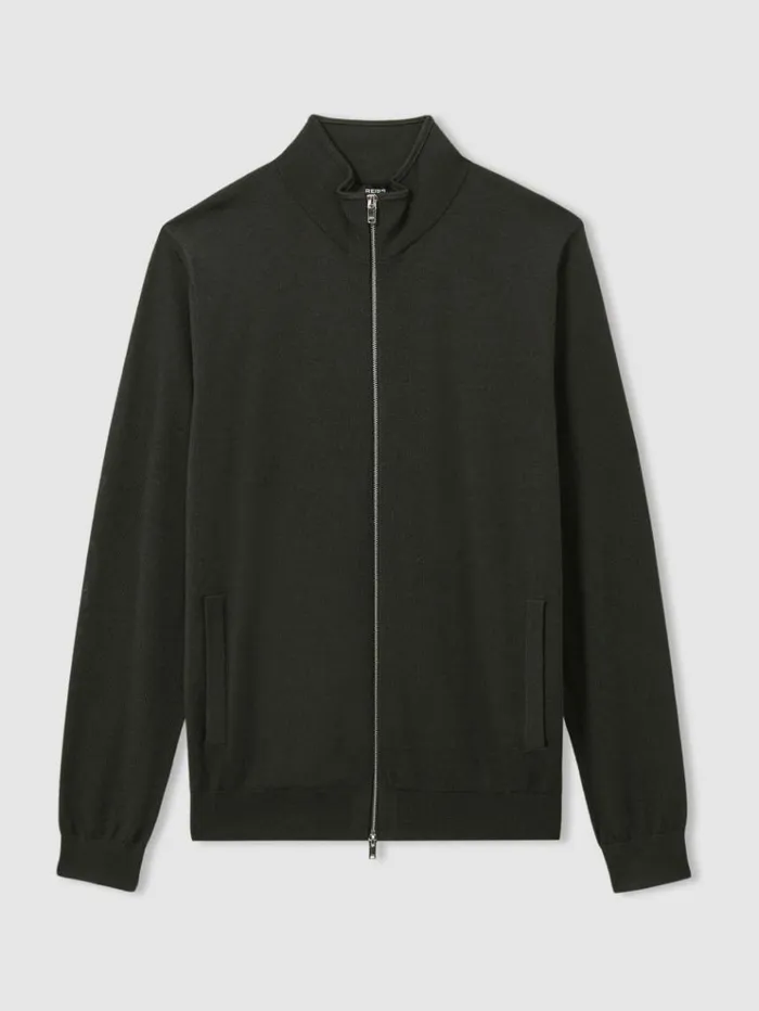 REISS Sweaters Men Merino Wool ZipThrough FunnelNeck Cardigan Dark Military Green