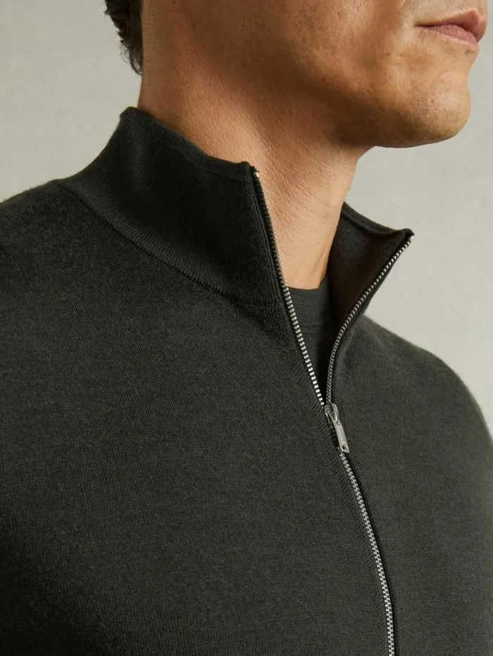 REISS Sweaters Men Merino Wool ZipThrough FunnelNeck Cardigan Dark Military Green