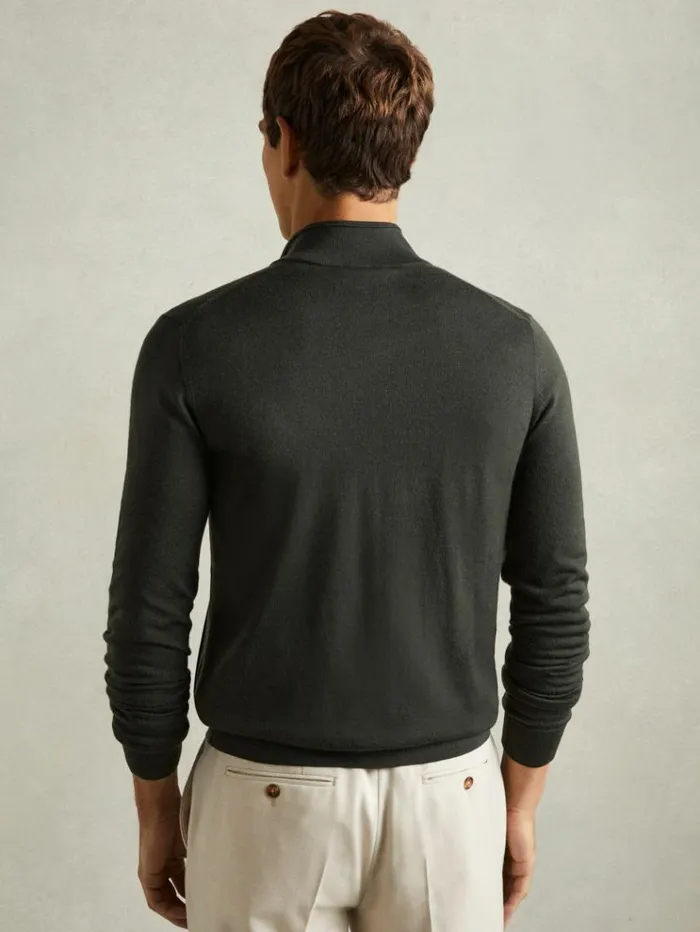 REISS Sweaters Men Merino Wool ZipThrough FunnelNeck Cardigan Dark Military Green