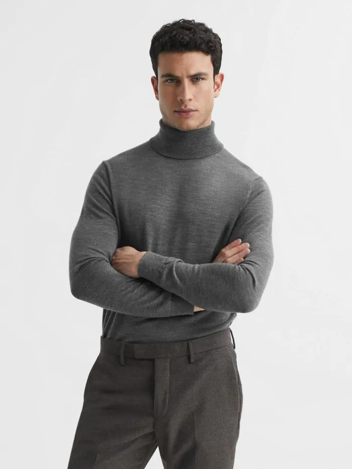 REISS Sweaters Men Slim Fit Merino Wool Roll Neck Jumper Derby Grey Marl