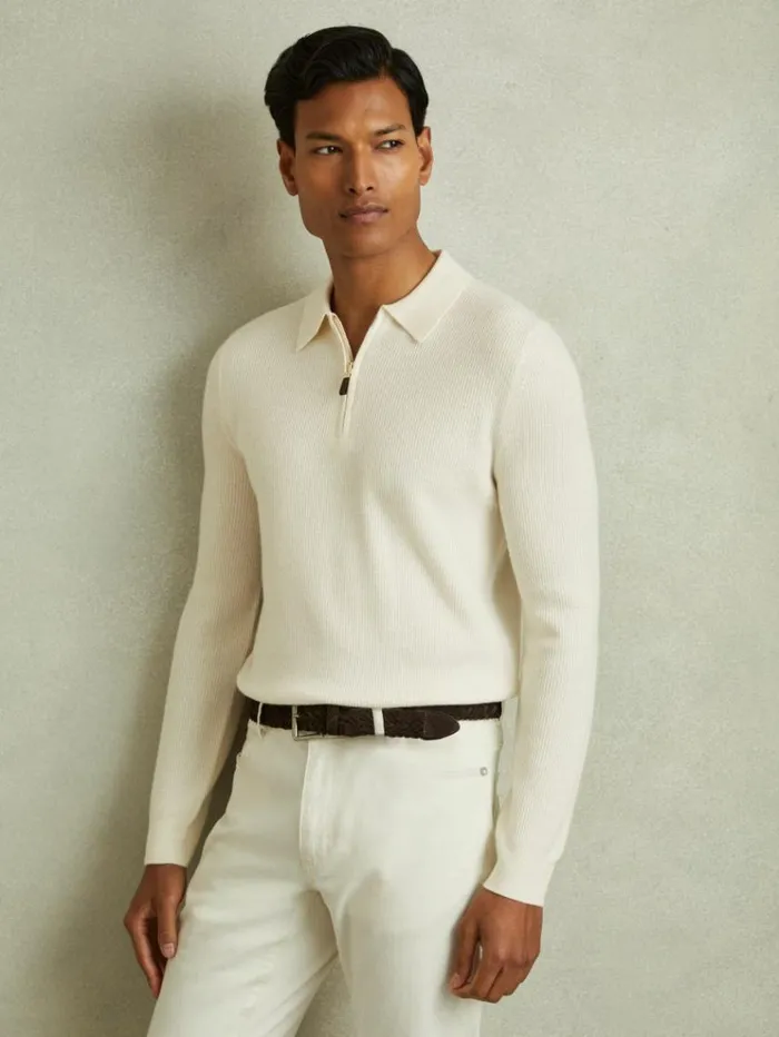 REISS Sweaters Men Wool HalfZip Polo Shirt Off White