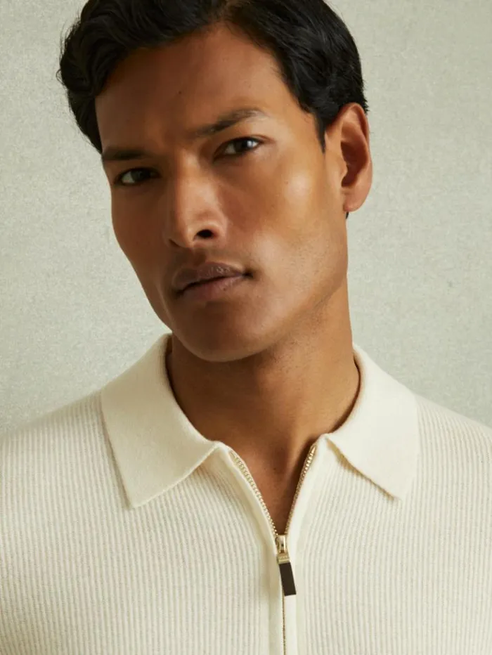 REISS Sweaters Men Wool HalfZip Polo Shirt Off White