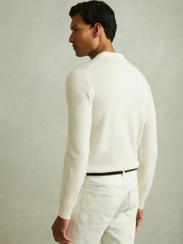 REISS Sweaters Men Wool HalfZip Polo Shirt Off White