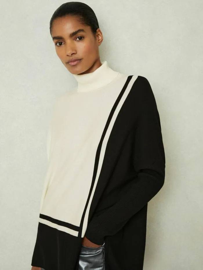 REISS Sweaters Women Colourblock Roll Neck Split Hem Jumper Creamblack