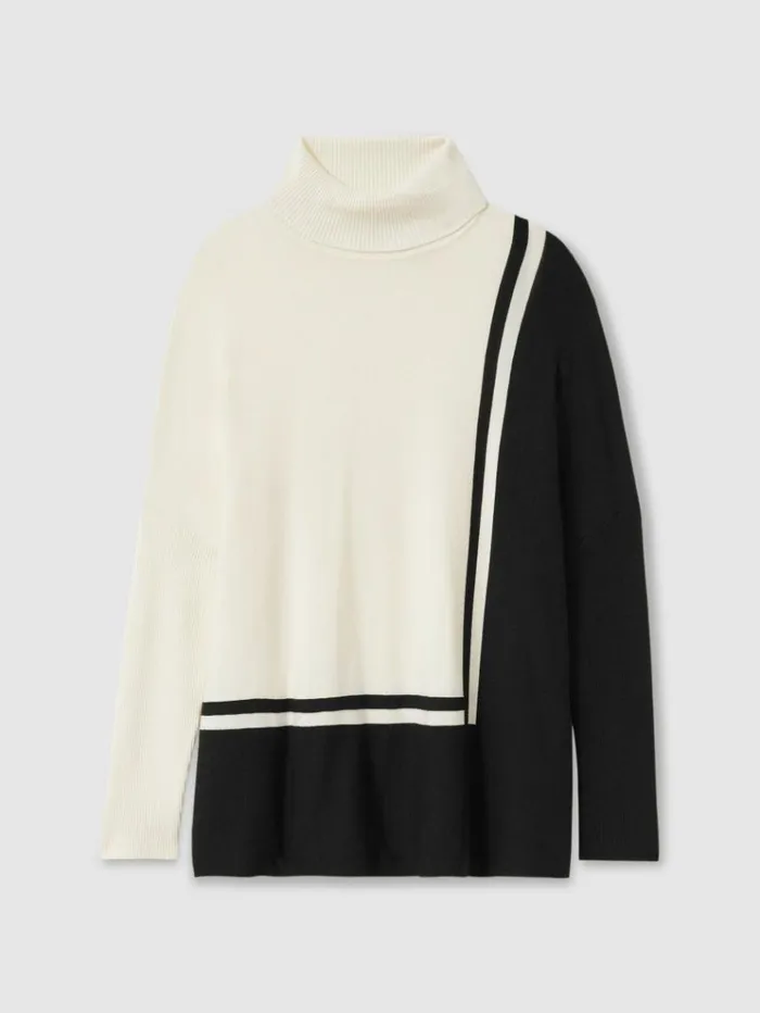 REISS Sweaters Women Colourblock Roll Neck Split Hem Jumper Creamblack
