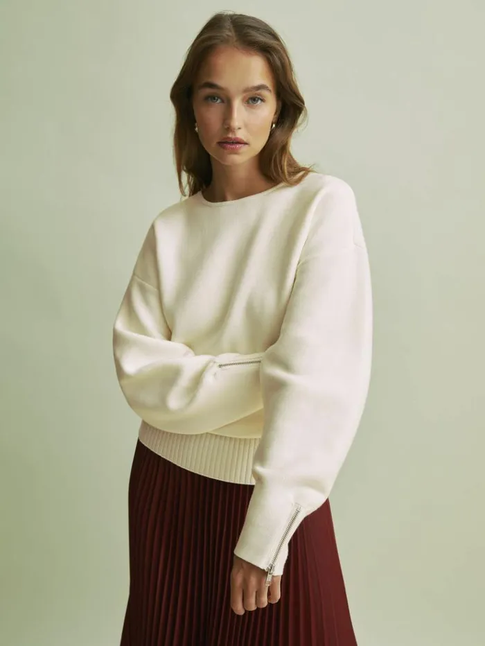 REISS Sweaters Women Florere Wool Blend Boxy Blouson Sleeve Jumper Vanilla