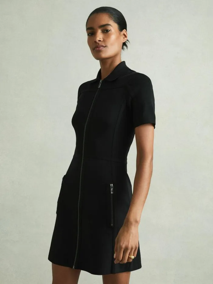 REISS Sweaters Women Knitted ZipFront Mini Dress Black