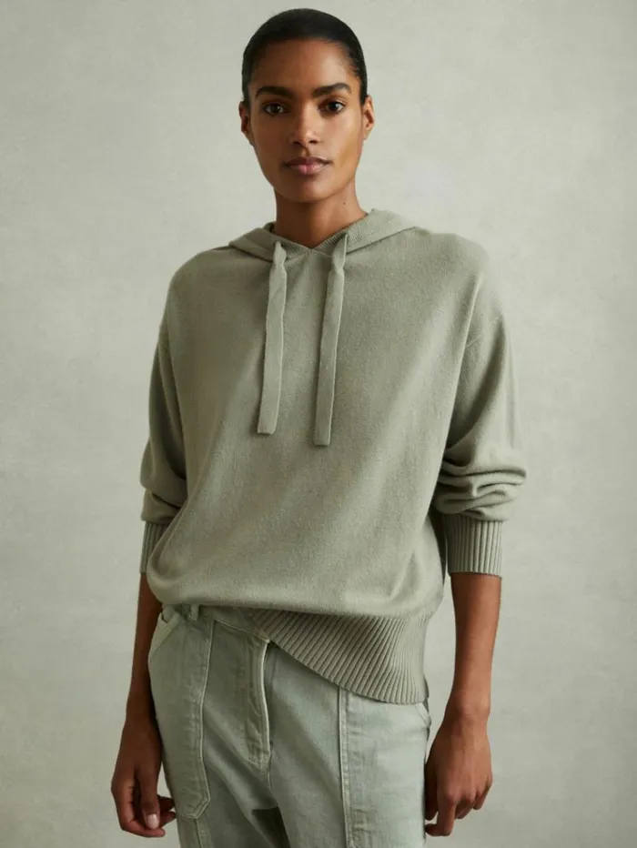 REISS Sweaters Women Wool Blend Drawstring Hoodie With Cashmere Sage