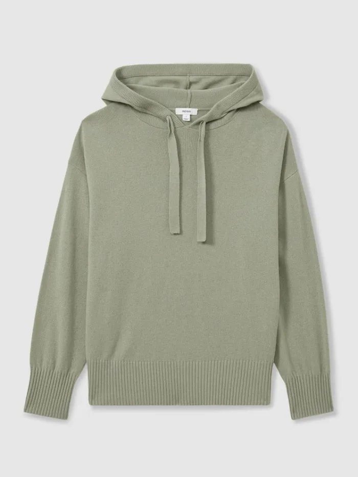 REISS Sweaters Women Wool Blend Drawstring Hoodie With Cashmere Sage