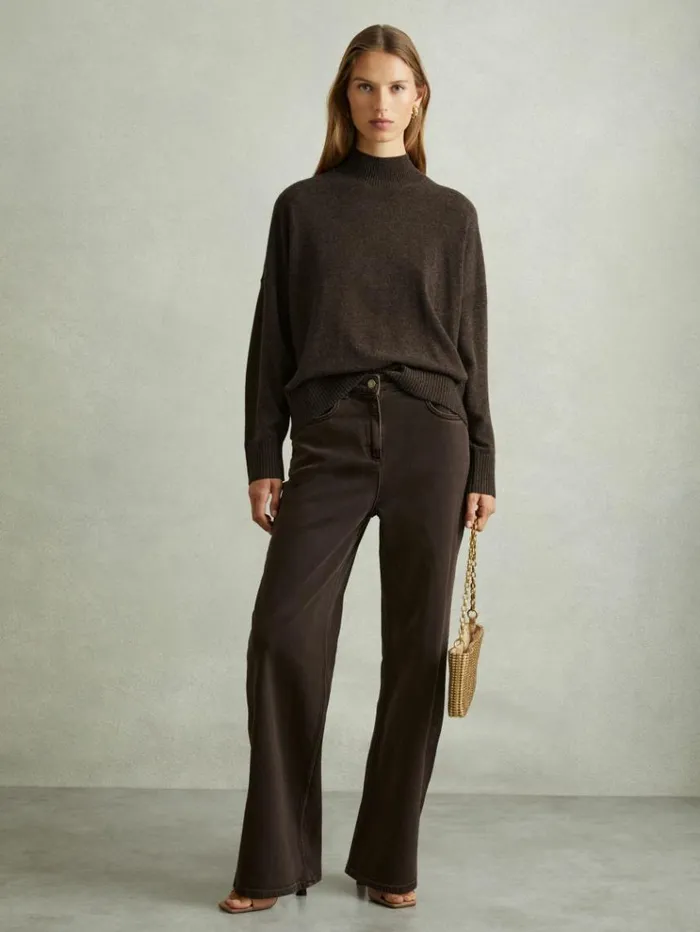 REISS Sweaters Women Wool Blend Funnel Neck Jumper Chocolate
