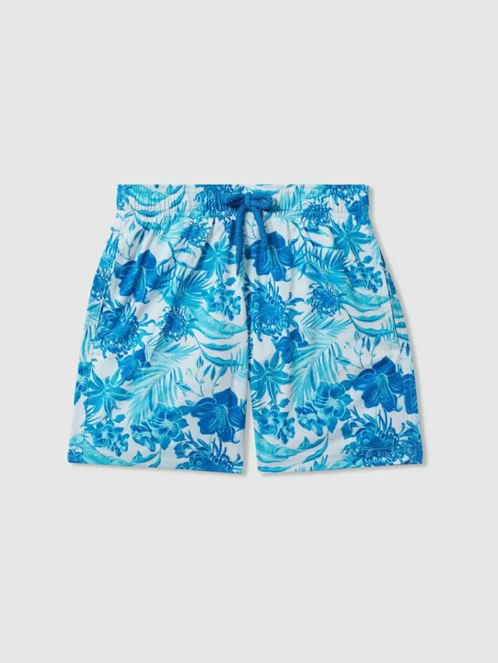 REISS Swimwear Children Vilebrequin Tropical Print Swim Shorts Blanc Blue