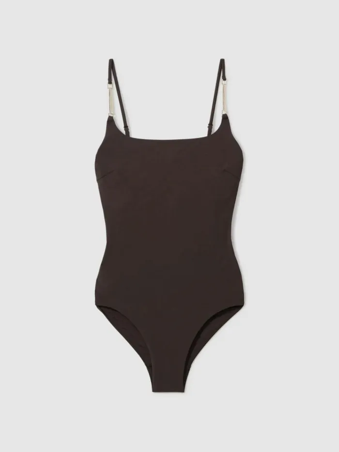 REISS Swimwear Women Chain Detail Underwired Swimsuit Chocolate