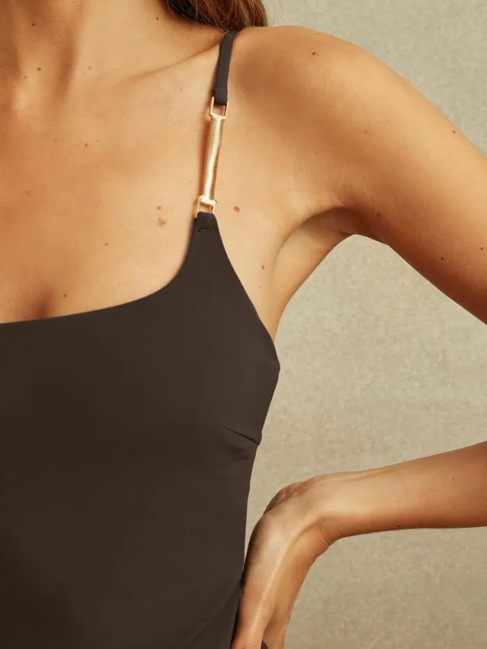 REISS Swimwear Women Chain Detail Underwired Swimsuit Chocolate