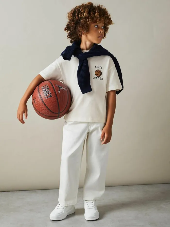 REISS TShirts Children Oversized Cotton Basketball Motif TShirt Off White
