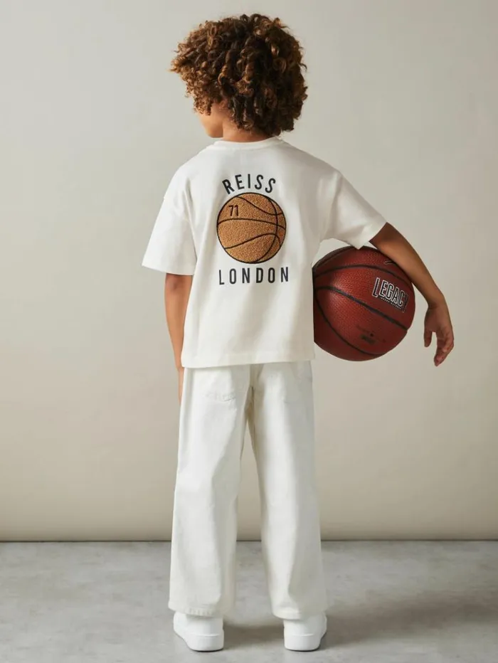 REISS TShirts Children Oversized Cotton Basketball Motif TShirt Off White