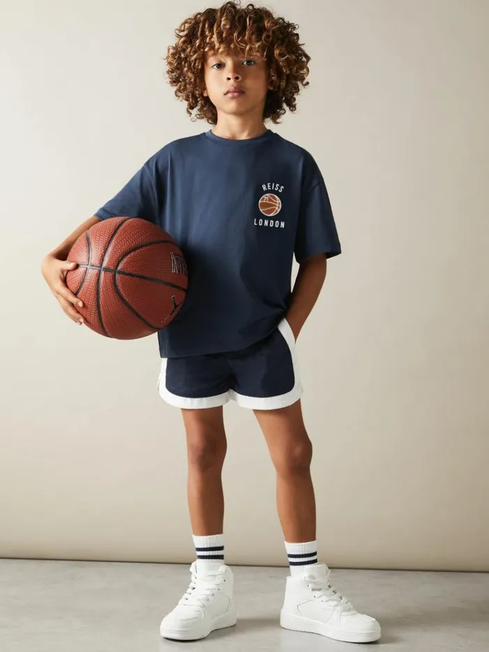 REISS TShirts Children Oversized Cotton Basketball Motif TShirt Washed Navy