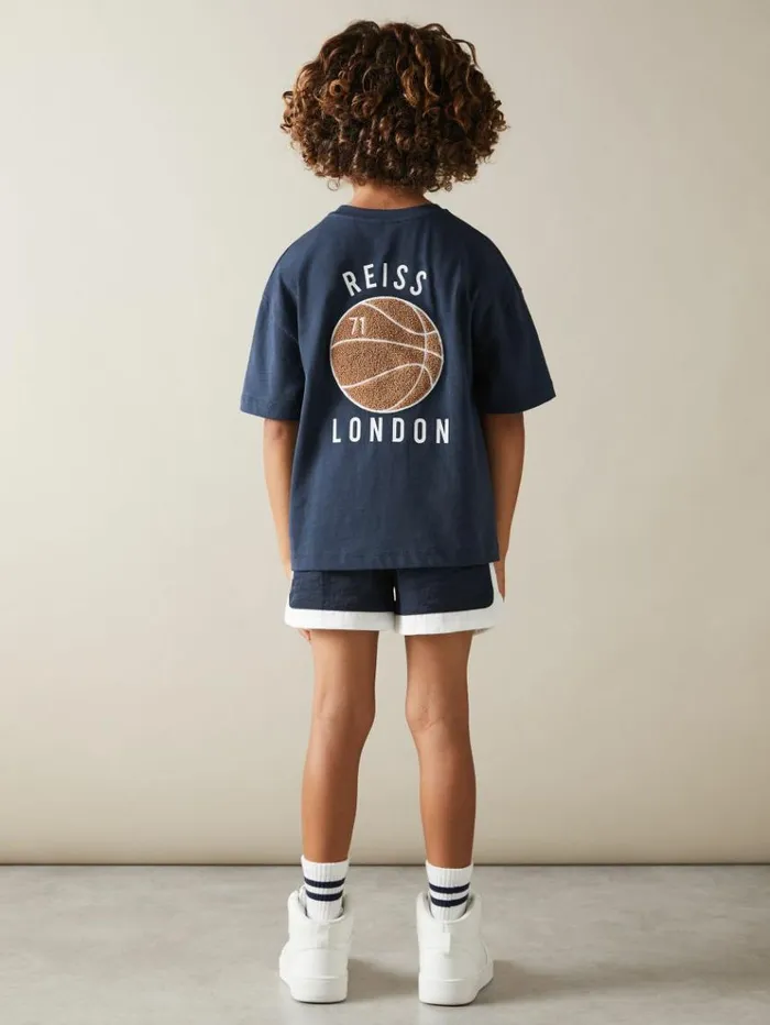 REISS TShirts Children Oversized Cotton Basketball Motif TShirt Washed Navy
