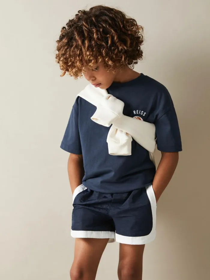 REISS TShirts Children Oversized Cotton Basketball Motif TShirt Washed Navy