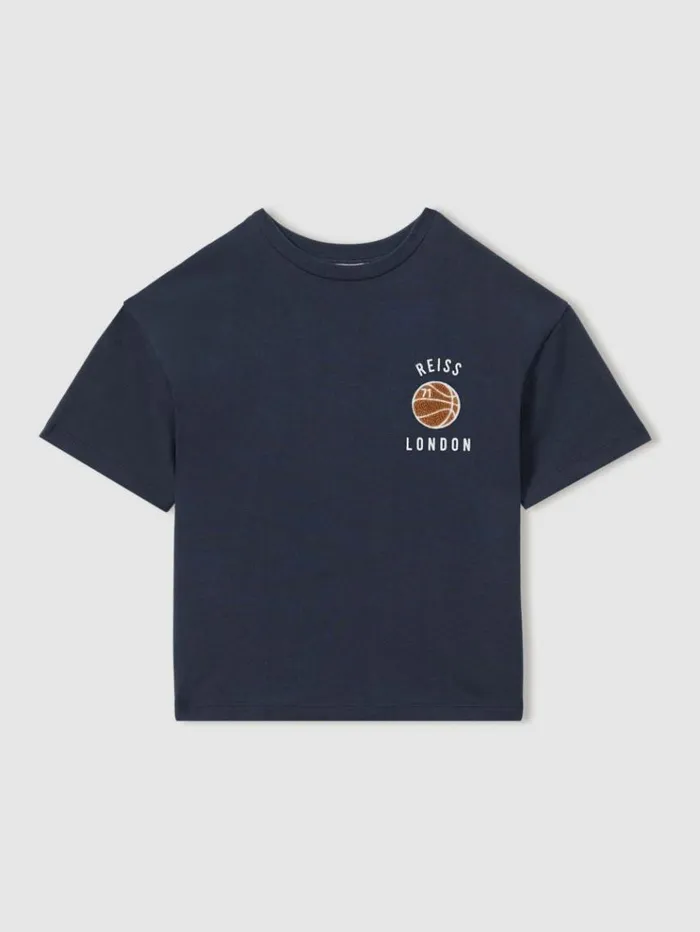 REISS TShirts Children Oversized Cotton Basketball Motif TShirt Washed Navy