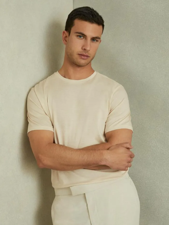 REISS TShirts Men Mercerised Jacquard Crew Neck TShirt Ecru