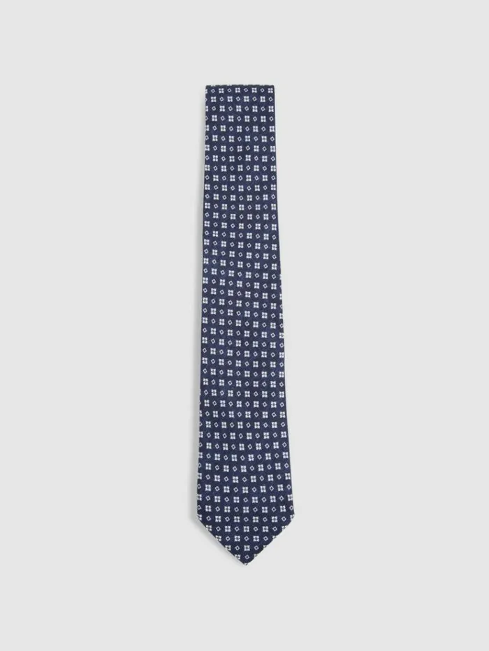REISS Ties and Pocket Squares Men Silk Medallion Print Tie Navy