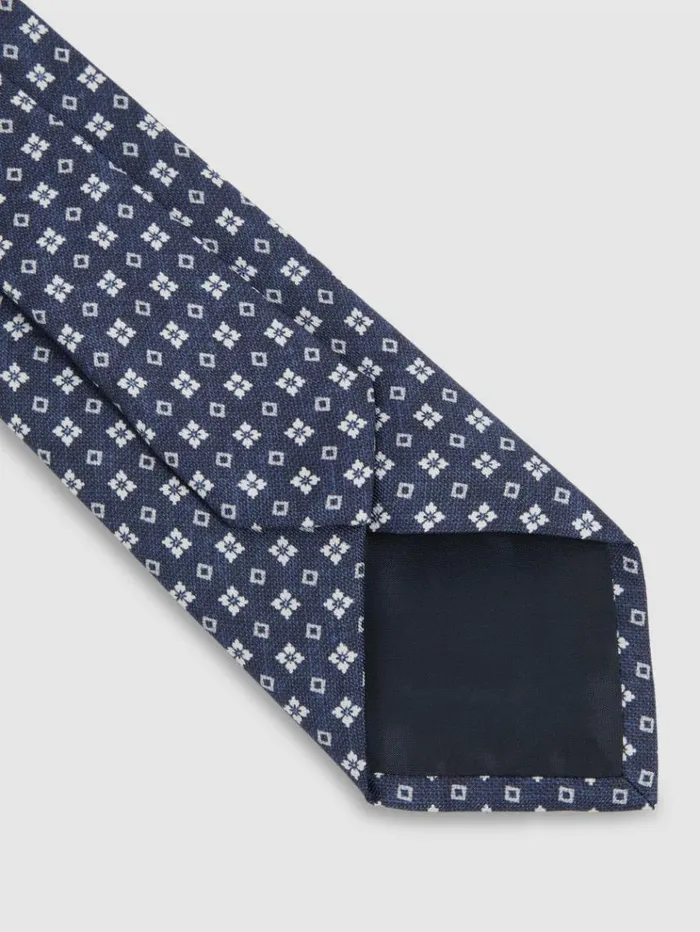 REISS Ties and Pocket Squares Men Silk Medallion Print Tie Navy