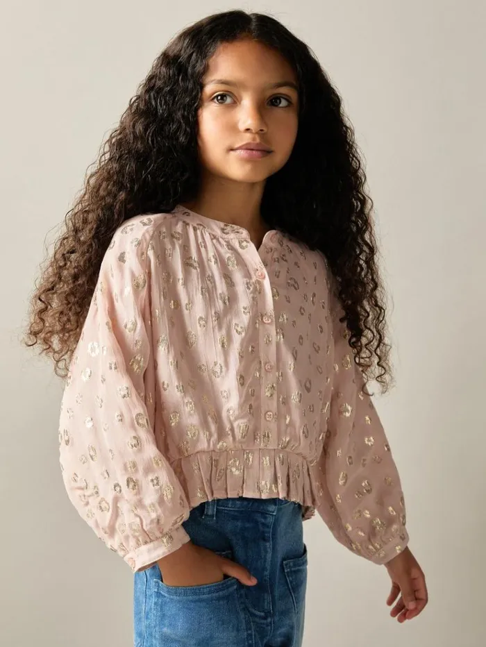 REISS Tops and TShirts Children Metallic Print Puff Sleeve Ruffle Top Pink