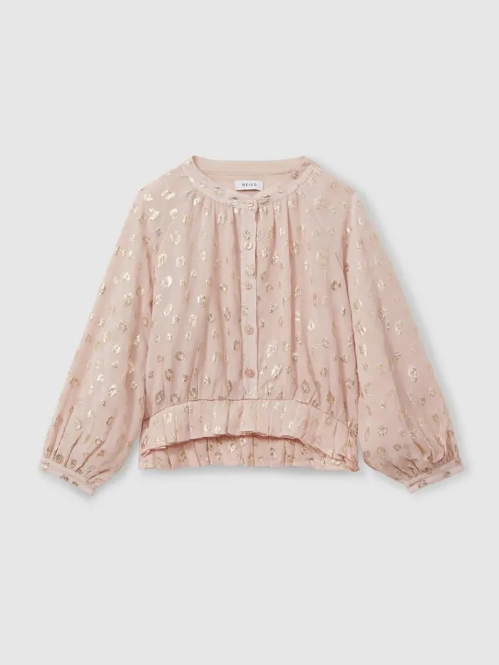 REISS Tops and TShirts Children Metallic Print Puff Sleeve Ruffle Top Pink