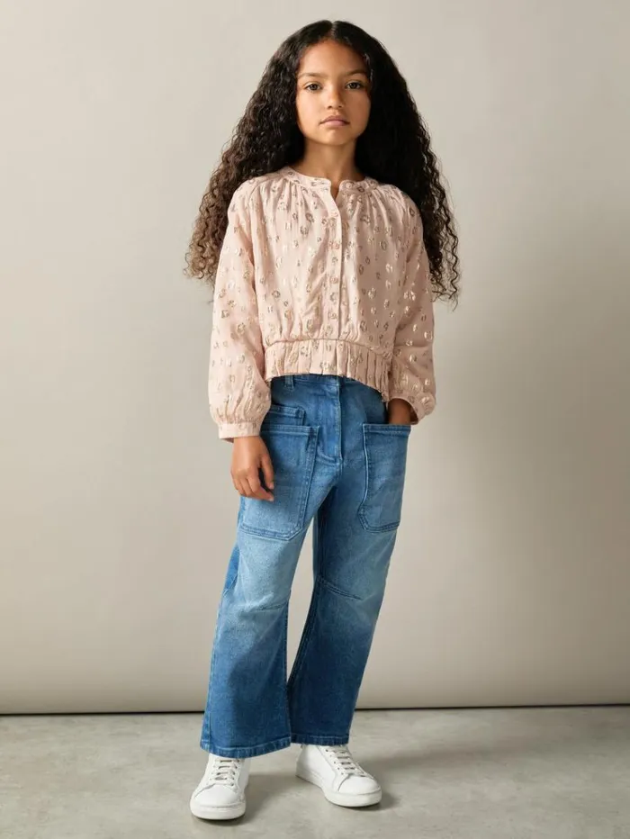 REISS Tops and TShirts Children Metallic Print Puff Sleeve Ruffle Top Pink