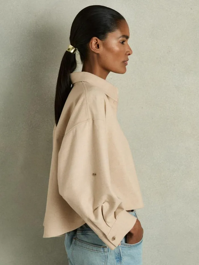 REISS Tops Women Cropped Flannel Shirt Stone