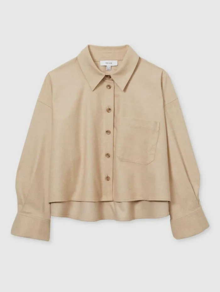 REISS Tops Women Cropped Flannel Shirt Stone