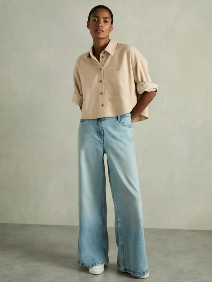 REISS Tops Women Cropped Flannel Shirt Stone