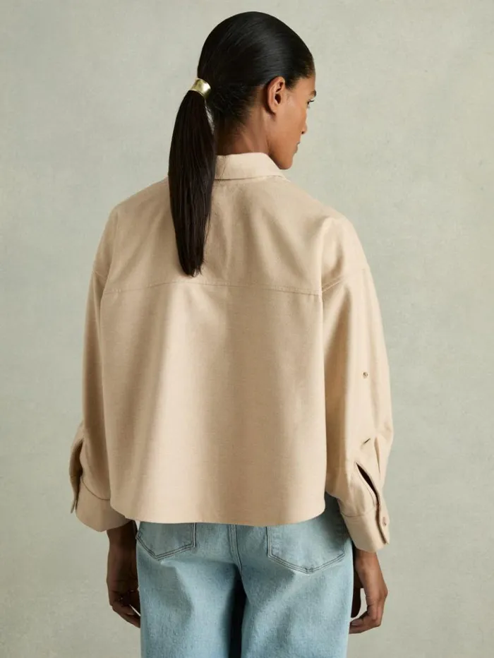 REISS Tops Women Cropped Flannel Shirt Stone