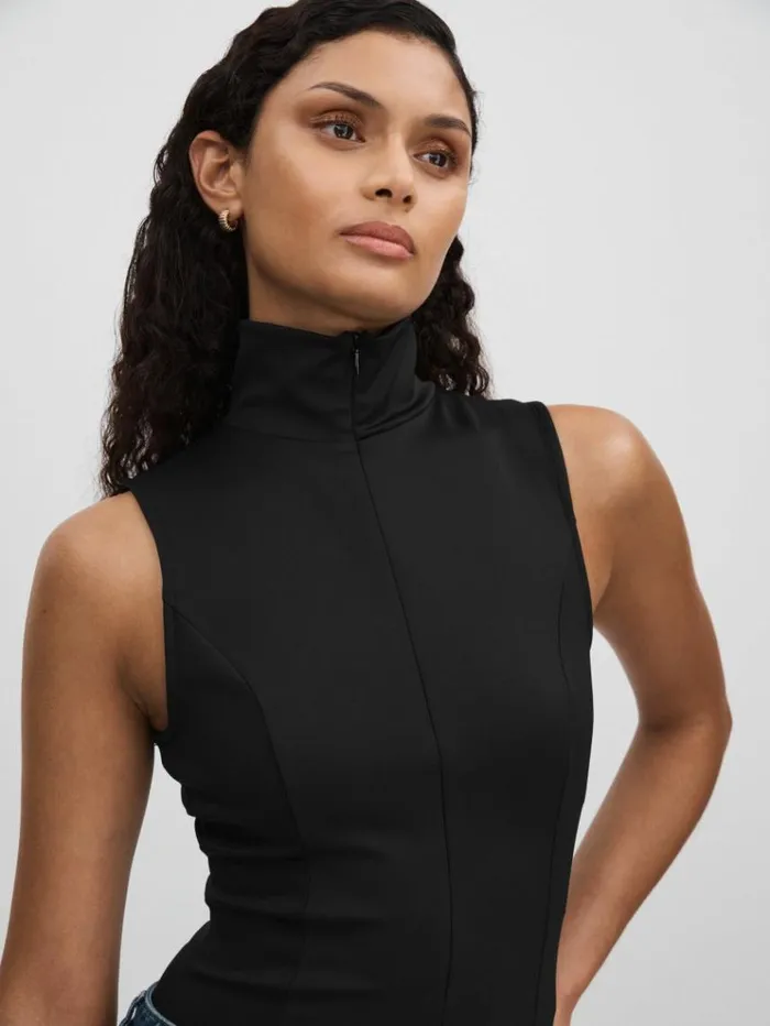 REISS Tops Women Good American Funnel Neck Scuba Thong Bodysuit Black