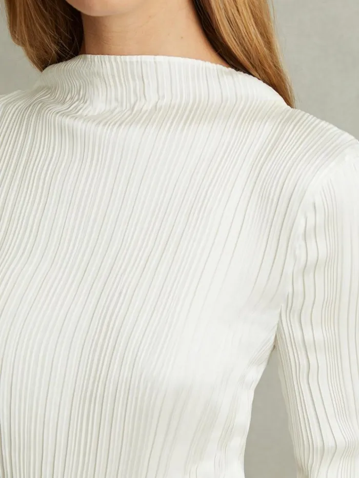 REISS Tops Women High Neck Plisse Top Ivory